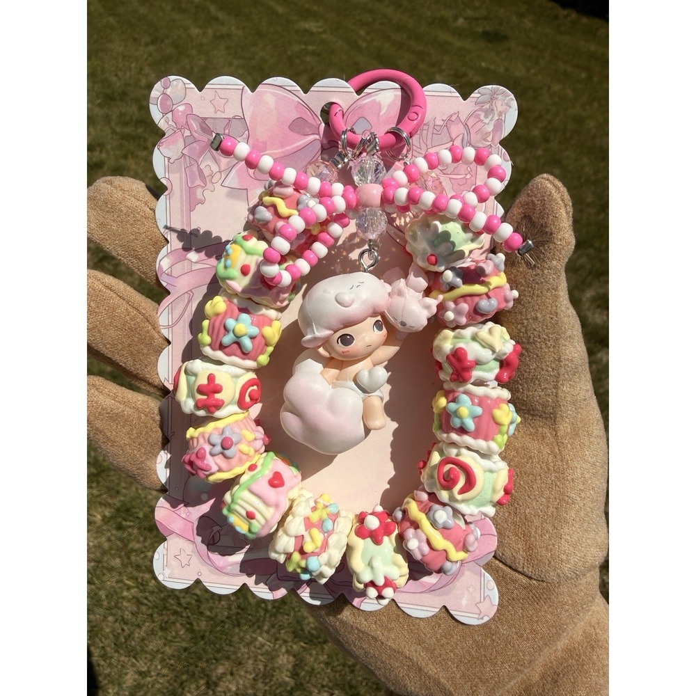 Handmade Coquette Pink Bow Bag Charm Cute Beaded Purse Baby Character Keychain